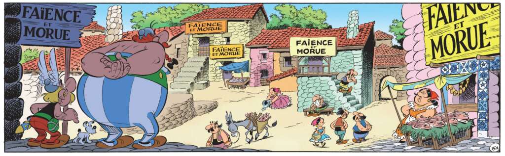 Case d'Astérix en Lusitanie présentant les héros Astérix et Obélix devant de nombreux stands de faïence et morue