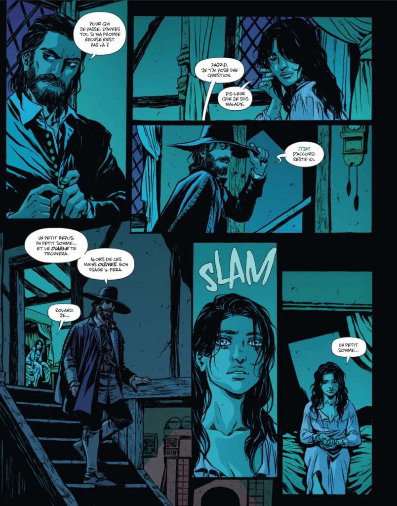 Planche du comics Somna dans laquelle le mari d'Ingrid part brûler une personne qui a été condamnée en tant que sorcière