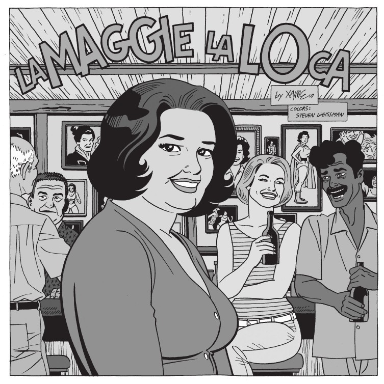 Maggie la Loca, illustration montrant Maggie Chascarillo au premier plan, dans un bar avec des personnes faisant la fête en fond