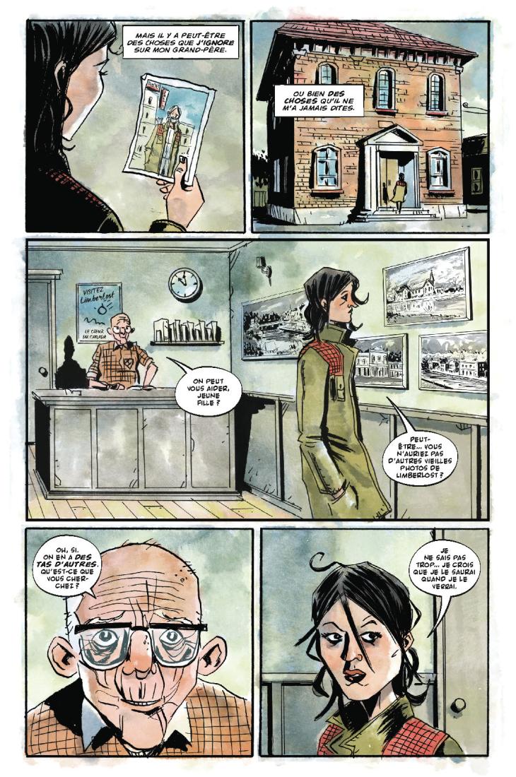 Planche 2 du tome 2 de Minor Arcana, dans laquelle Theresa se rend à l'office de tourisme pour enquêter sur sa ville natale