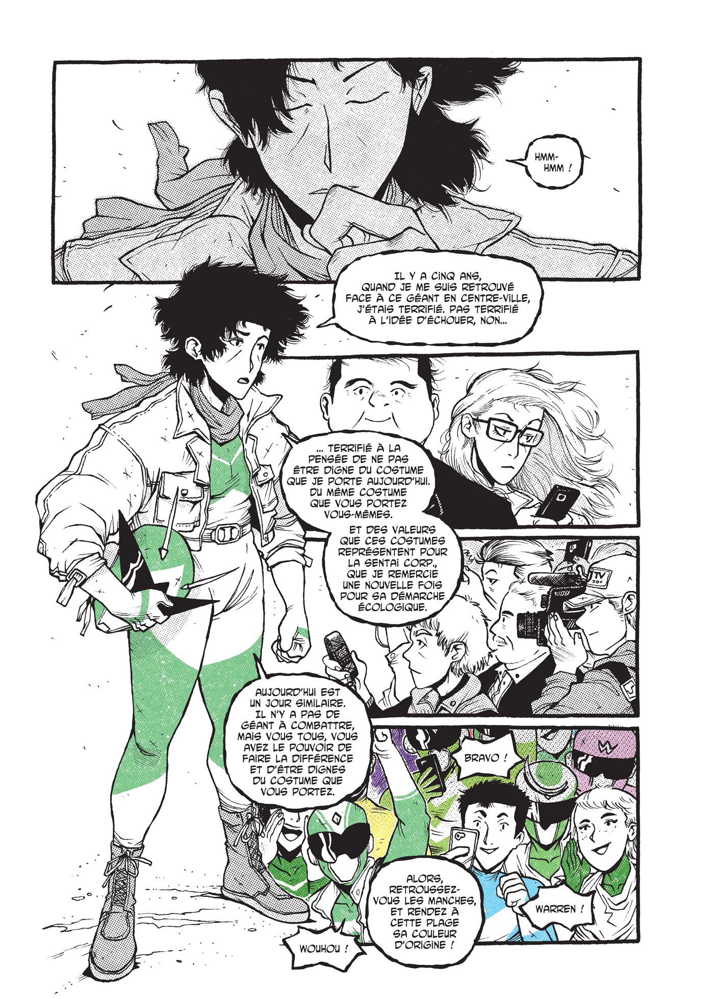 Planche 8 du tome 2 de shin zero, sur laquelle on voit Warren sans son casque faire un discours devant la presse et de jeunes fans