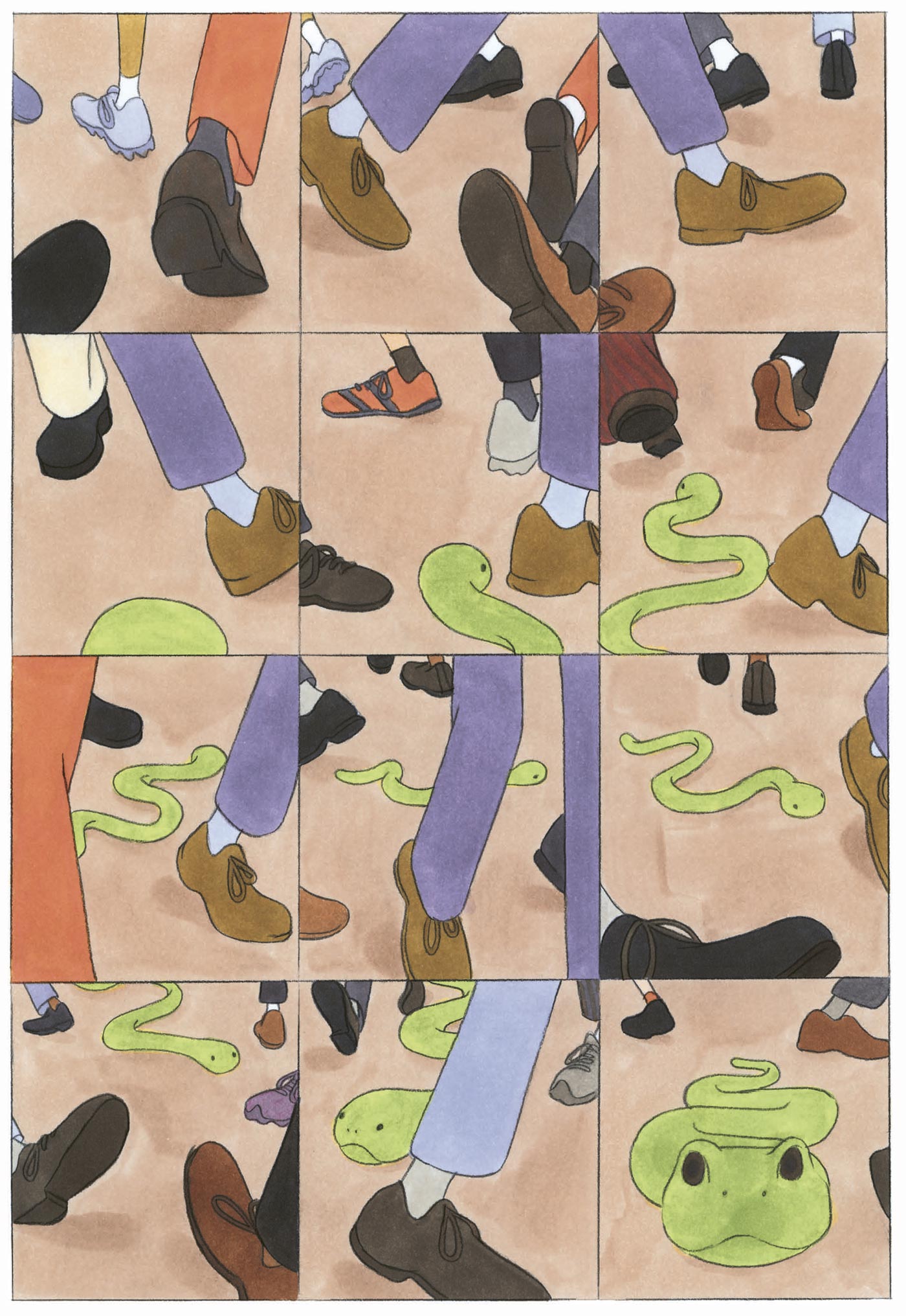 illustration de serpents déambulant aux pieds de passants