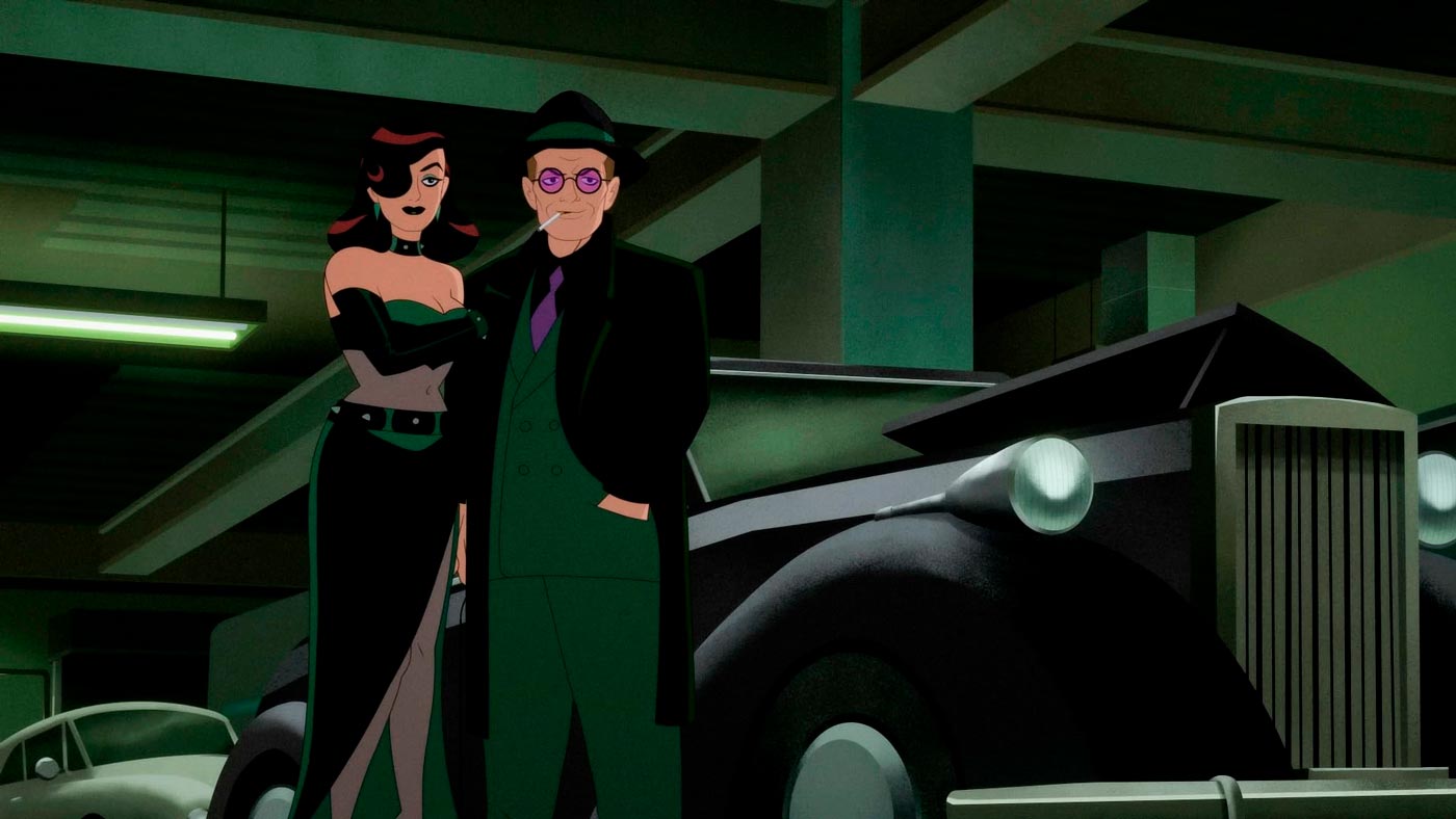 Poison Ivy et l'homme mystère dans un parking dnas la saison 2 de Batman Caped Crusader